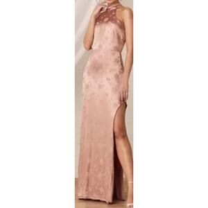 LULU'S SZ S Red Carpet Ready Peach Floral Satin Jacquard Maxi Dress NEW B23 flaw